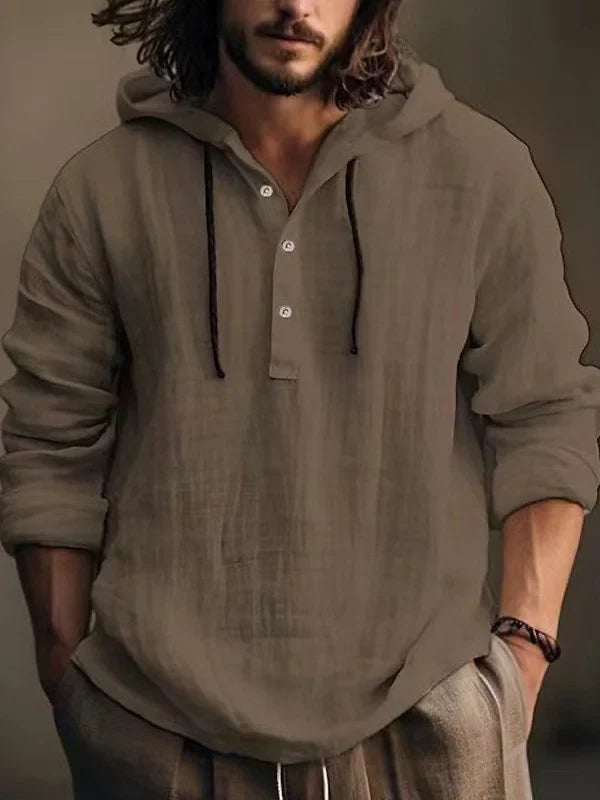 Herren Leinen Hoodie mit langen Ärmeln und Knopfverschluss
