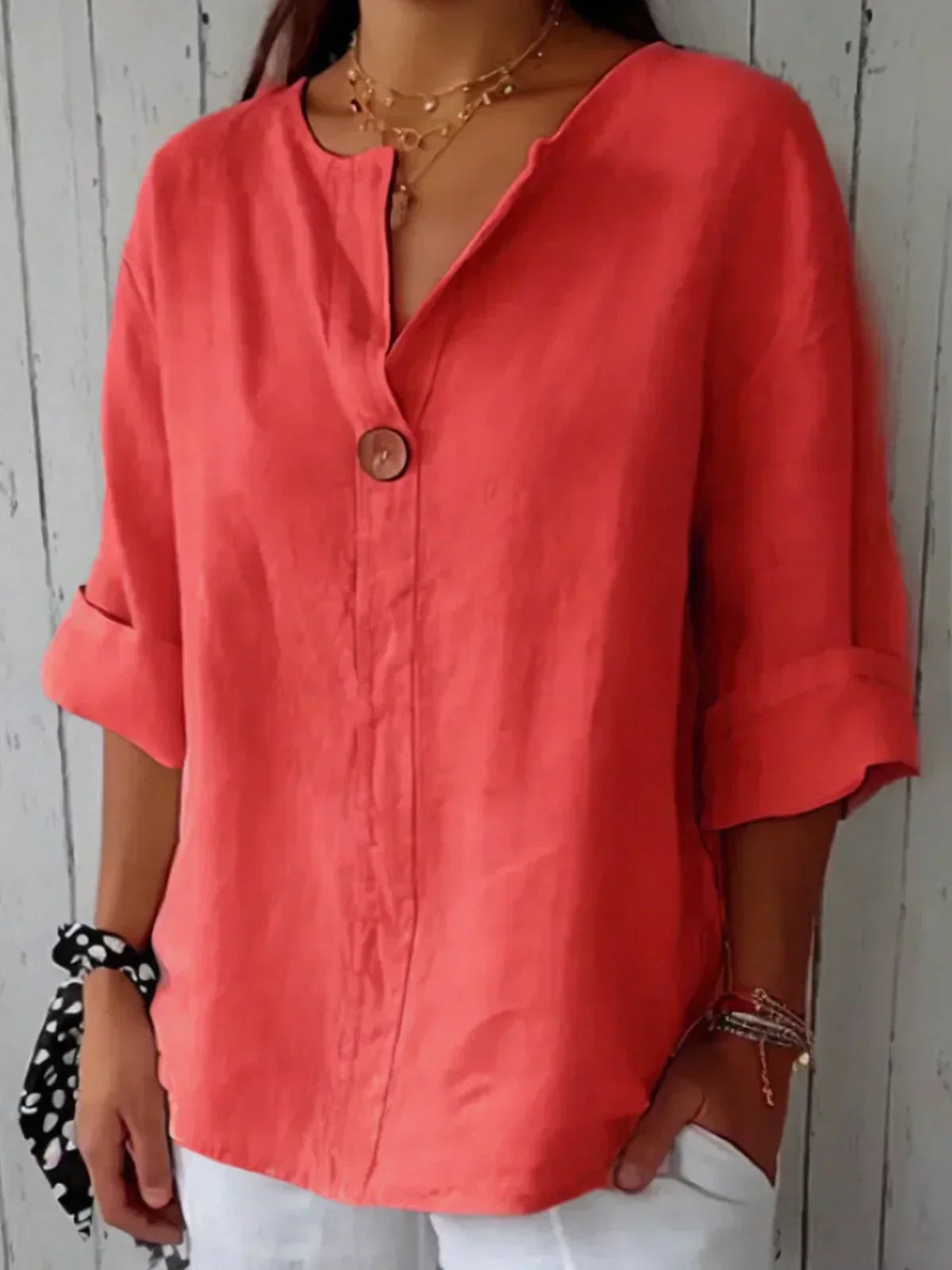 Damen Sommerbluse mit V-Ausschnitt und Ein-Knopf-Verschluss