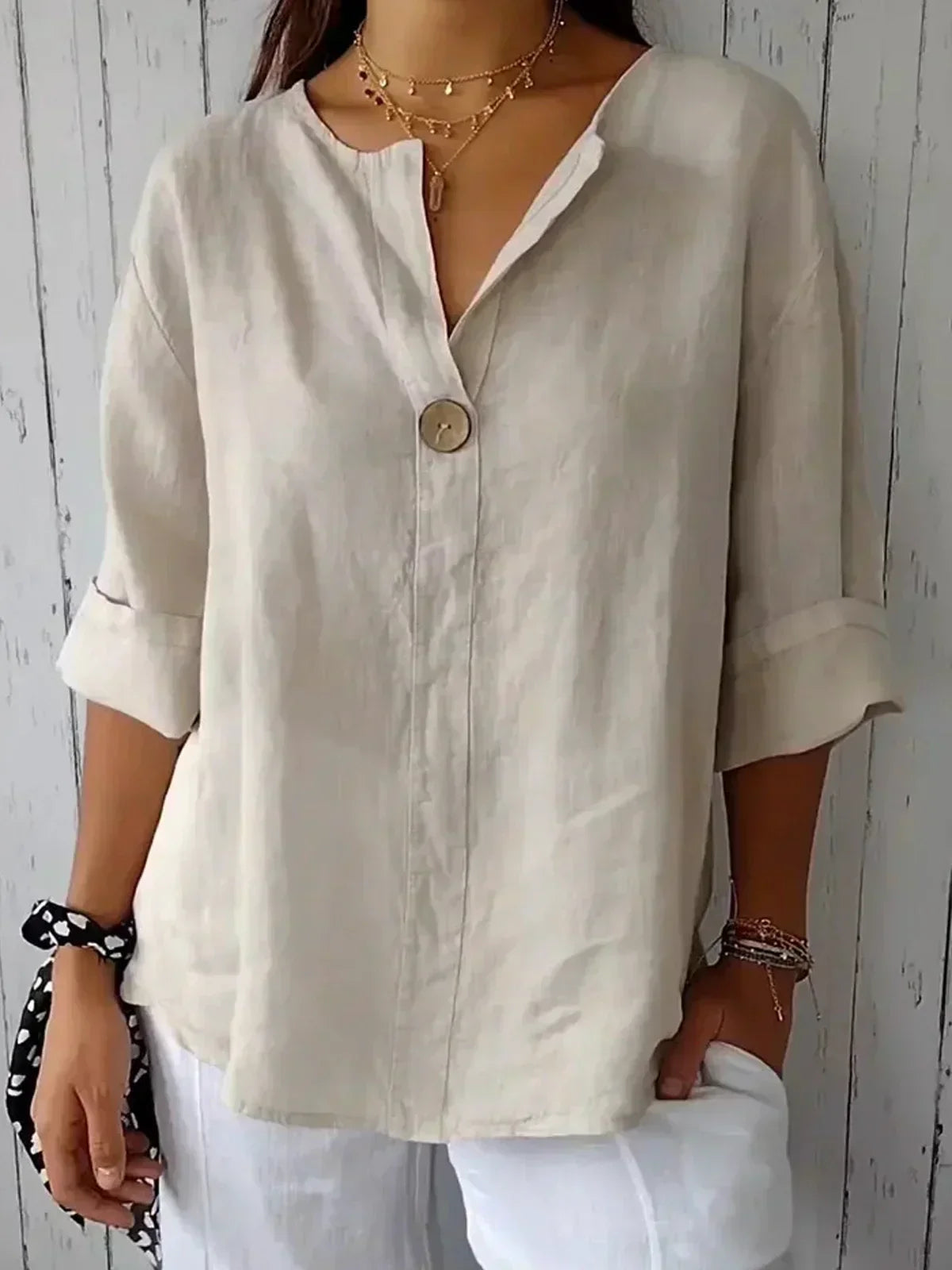 Damen Sommerbluse mit V-Ausschnitt und Ein-Knopf-Verschluss