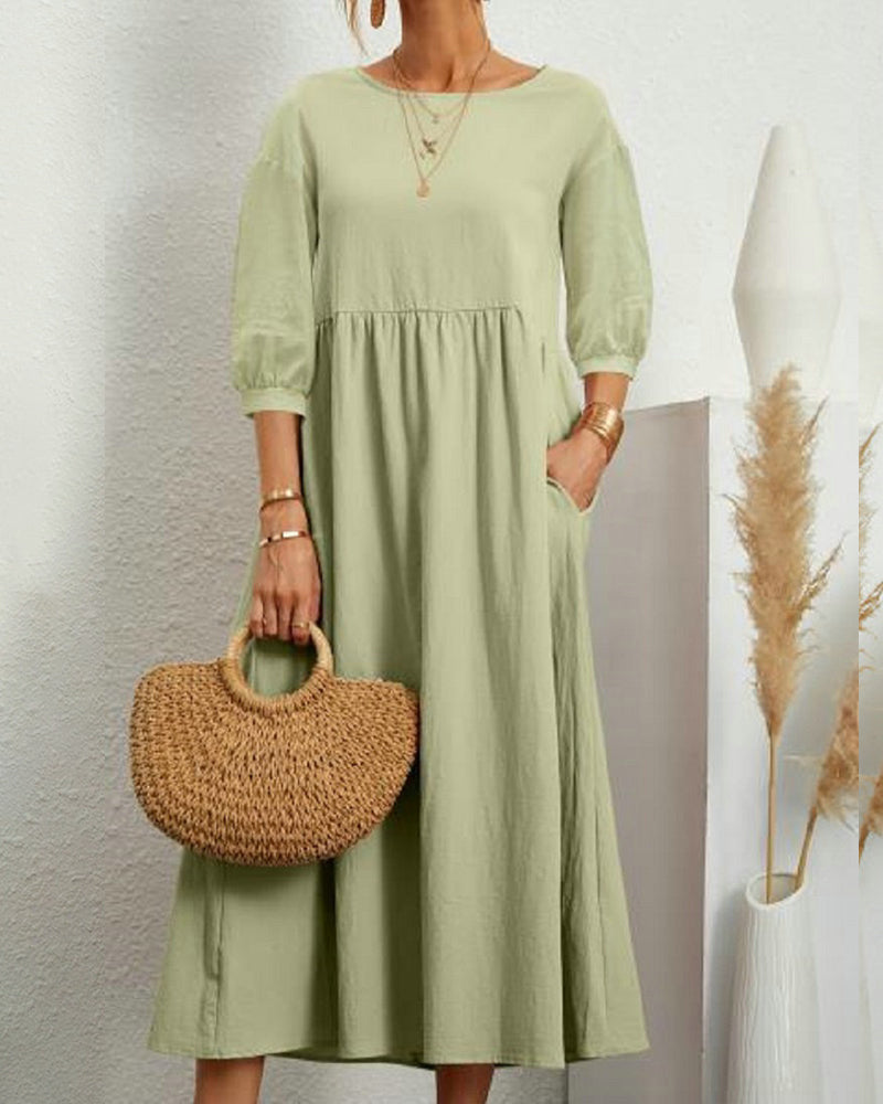 Damen Sommer Midikleid mit Rundhalsausschnitt und Taschen