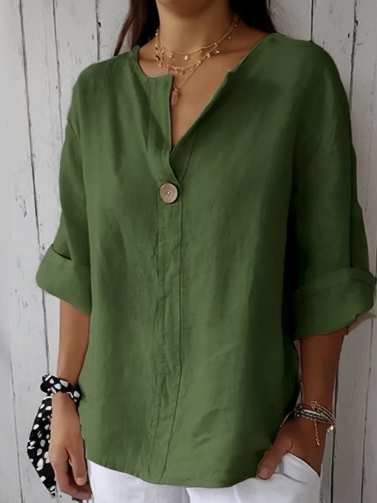 Damen Sommerbluse mit V-Ausschnitt und Ein-Knopf-Verschluss