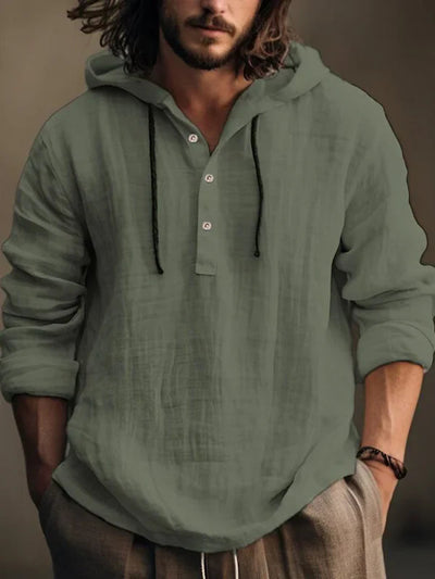 Herren Leinen Hoodie mit langen Ärmeln und Knopfverschluss