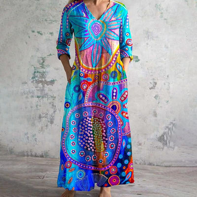Damen-Sommerkleid mit V-Ausschnitt und langen Ärmeln