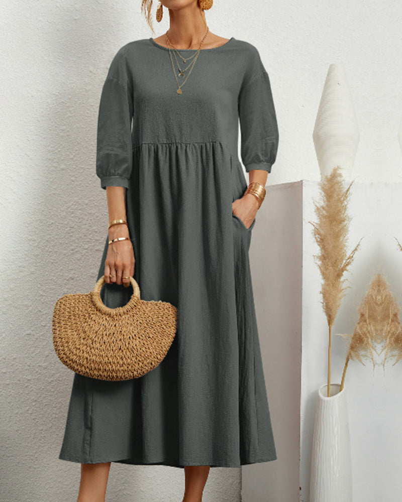 Damen Sommer Midikleid mit Rundhalsausschnitt und Taschen