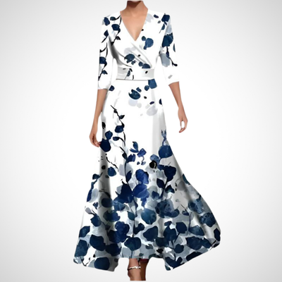 Damen Maxi Kleid mit V-Ausschnitt und drei Viertel-Ärmeln