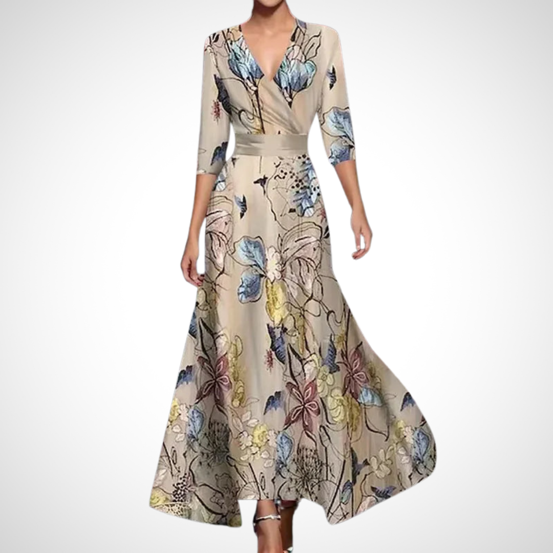Damen Maxi Kleid mit V-Ausschnitt und drei Viertel-Ärmeln