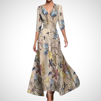 Damen Maxi Kleid mit V-Ausschnitt und drei Viertel-Ärmeln