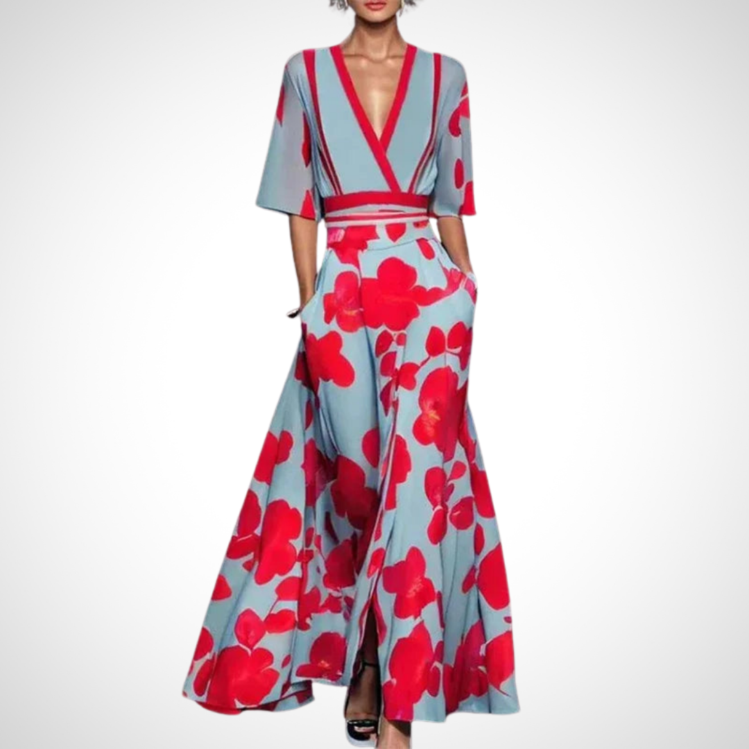 Damen Maxi Kleid mit V-Ausschnitt und drei Viertel-Ärmeln