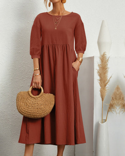 Damen Sommer Midikleid mit Rundhalsausschnitt und Taschen