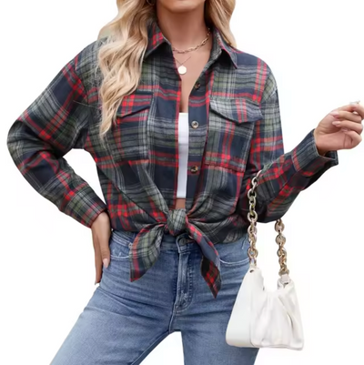 Damen Langarmshirt mit Karomuster und Knopfverschluss