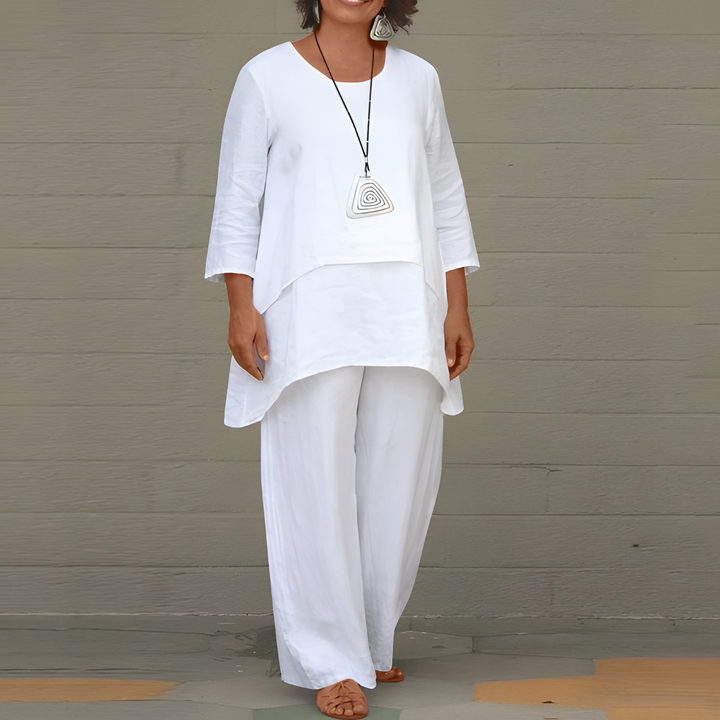 Damen Leinen-Set mit Rundhalstop und passender Hose
