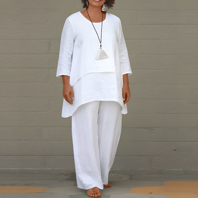 Damen Leinen-Set mit Rundhalstop und passender Hose