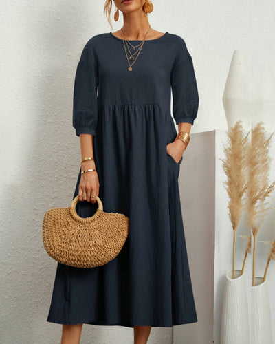 Damen Sommer Midikleid mit Rundhalsausschnitt und Taschen