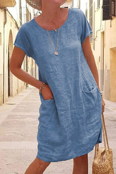 Damen Sommer-Mini-Kleid mit kurzen Ärmeln und Taschen