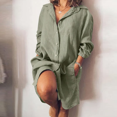 Damen Leinen-Kleid mit Langarm und Knopfleiste