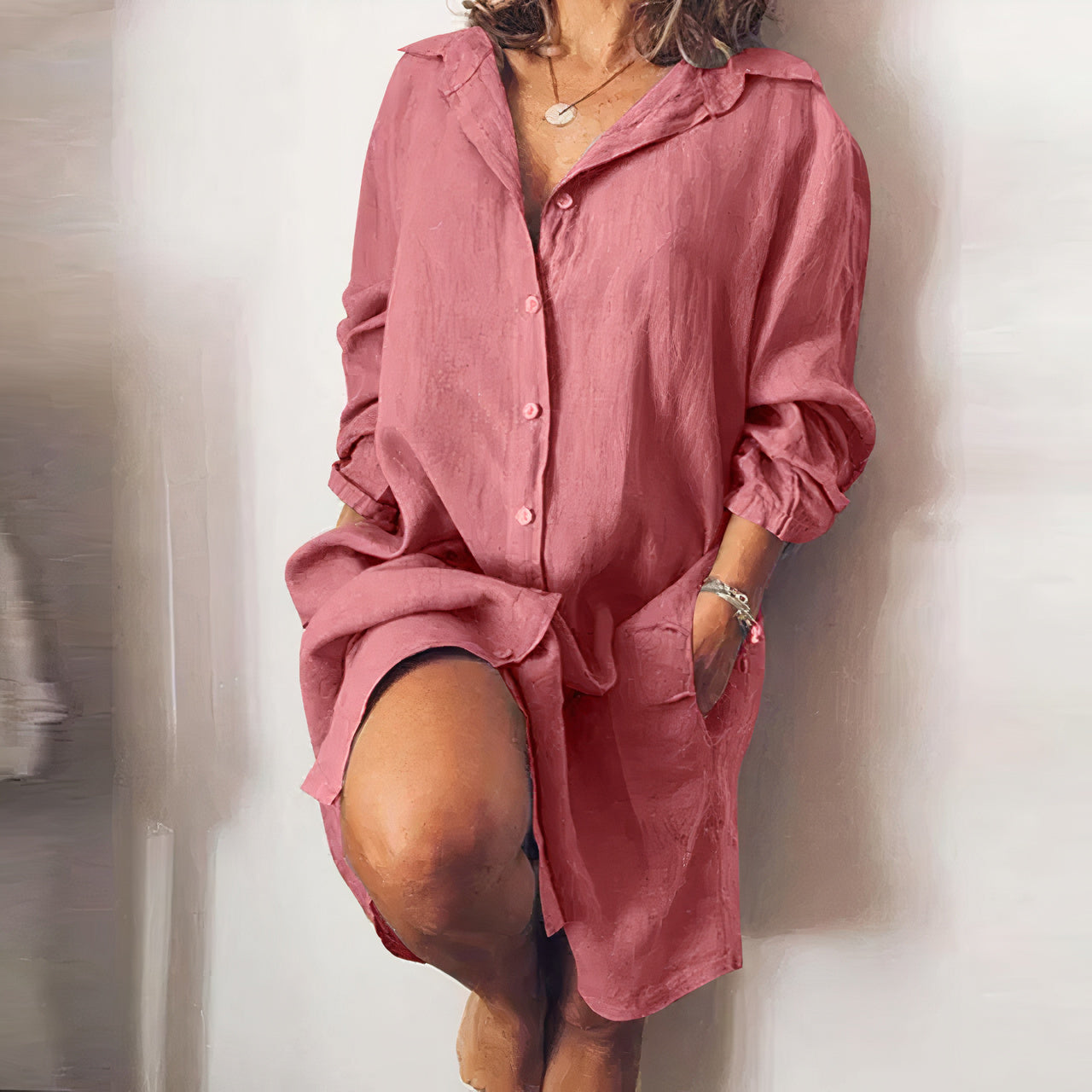Damen Leinen-Kleid mit Langarm und Knopfleiste