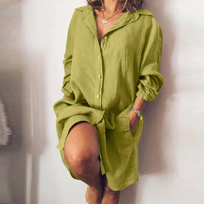 Damen Leinen-Kleid mit Langarm und Knopfleiste