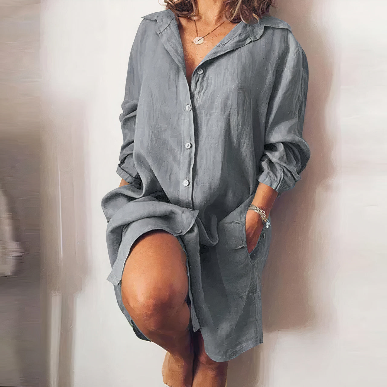 Damen Leinen-Kleid mit Langarm und Knopfleiste