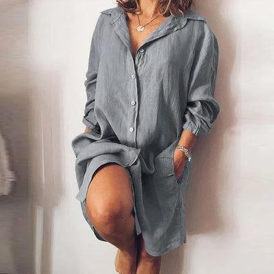 Damen Leinen-Kleid mit Langarm und Knopfleiste