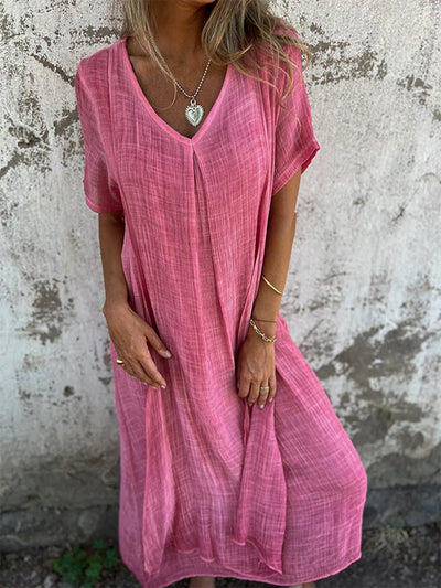 Damen-Sommerkleid aus Leinen mit V-Ausschnitt und kurzen Ärmeln