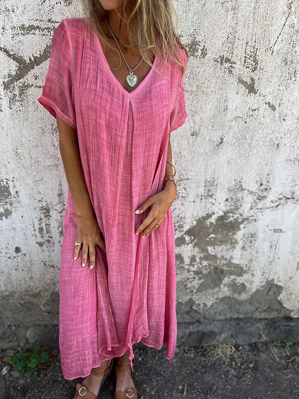 Damen-Sommerkleid aus Leinen mit V-Ausschnitt und kurzen Ärmeln