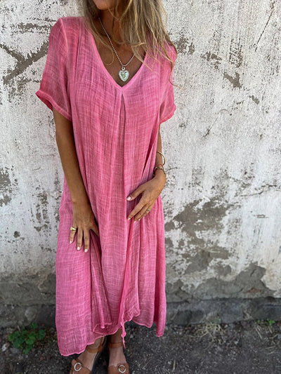Damen-Sommerkleid aus Leinen mit V-Ausschnitt und kurzen Ärmeln