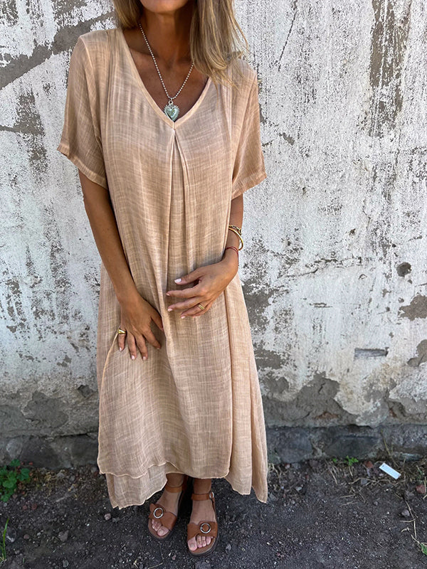 Damen-Sommerkleid aus Leinen mit V-Ausschnitt und kurzen Ärmeln