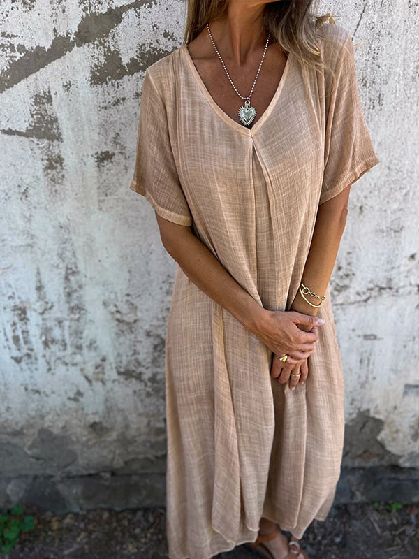Damen-Sommerkleid aus Leinen mit V-Ausschnitt und kurzen Ärmeln