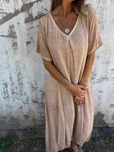 Damen-Sommerkleid aus Leinen mit V-Ausschnitt und kurzen Ärmeln