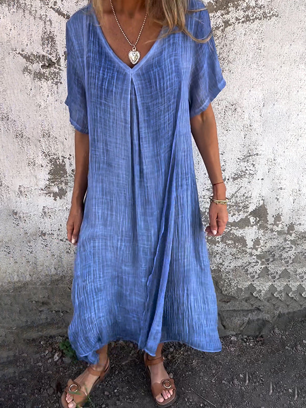 Damen-Sommerkleid aus Leinen mit V-Ausschnitt und kurzen Ärmeln