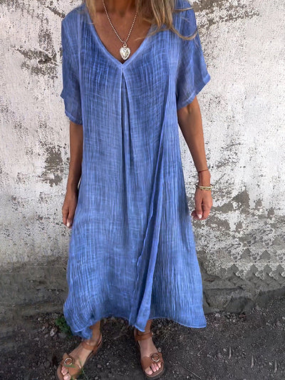 Damen-Sommerkleid aus Leinen mit V-Ausschnitt und kurzen Ärmeln