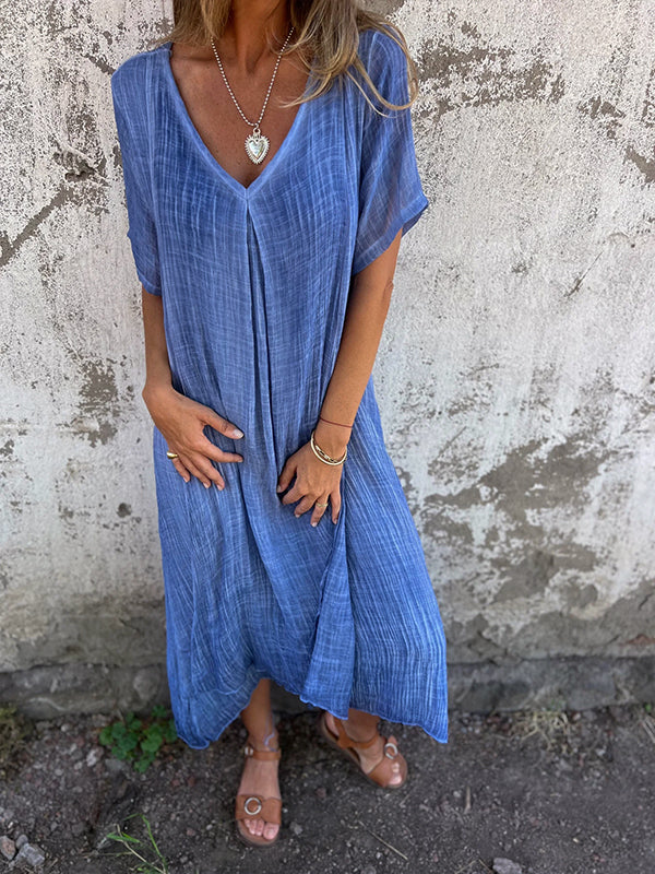 Damen-Sommerkleid aus Leinen mit V-Ausschnitt und kurzen Ärmeln