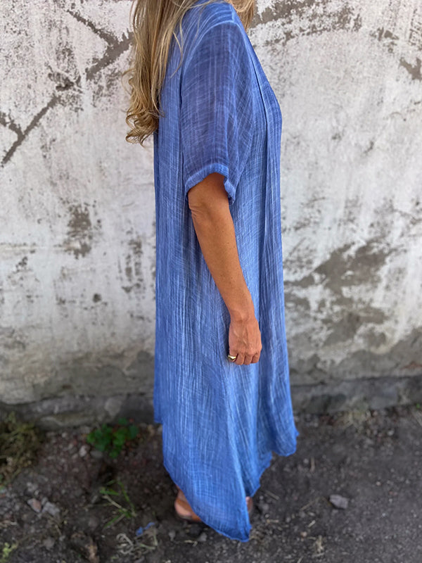 Damen-Sommerkleid aus Leinen mit V-Ausschnitt und kurzen Ärmeln