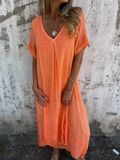 Damen-Sommerkleid aus Leinen mit V-Ausschnitt und kurzen Ärmeln