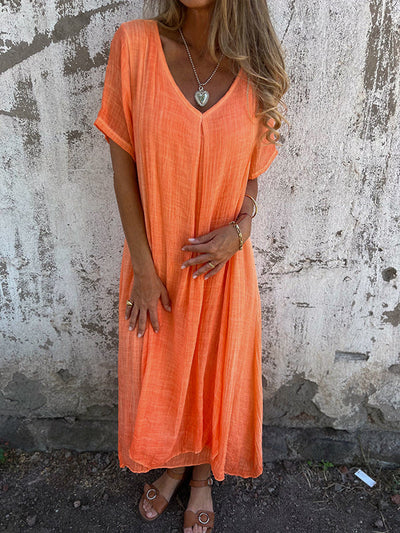 Damen-Sommerkleid aus Leinen mit V-Ausschnitt und kurzen Ärmeln