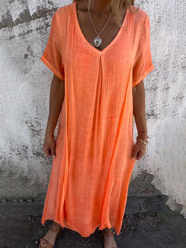 Damen-Sommerkleid aus Leinen mit V-Ausschnitt und kurzen Ärmeln