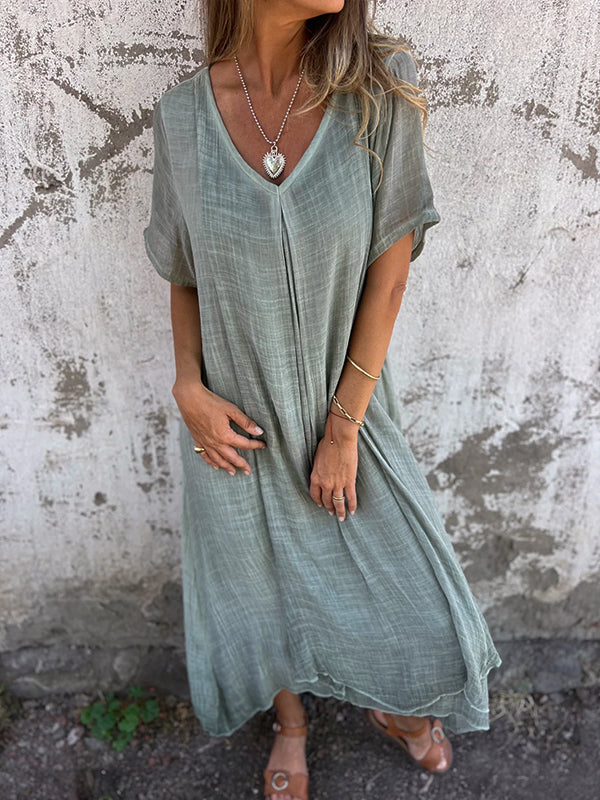 Damen-Sommerkleid aus Leinen mit V-Ausschnitt und kurzen Ärmeln