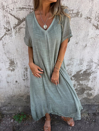 Damen-Sommerkleid aus Leinen mit V-Ausschnitt und kurzen Ärmeln