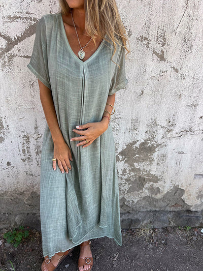 Damen-Sommerkleid aus Leinen mit V-Ausschnitt und kurzen Ärmeln