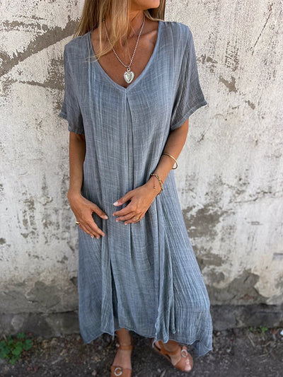 Damen-Sommerkleid aus Leinen mit V-Ausschnitt und kurzen Ärmeln