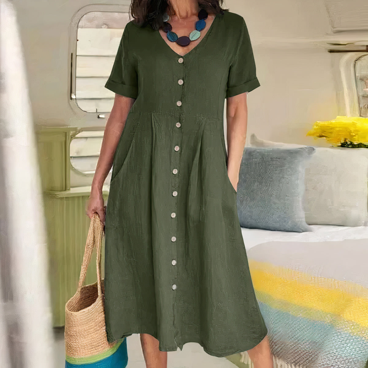V-Ausschnitt Midikleid für Damen