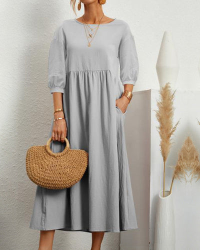Damen Sommer Midikleid mit Rundhalsausschnitt und Taschen