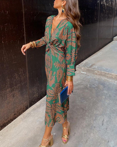 Damen Sommer Midi Kleid mit langen Ärmeln und V-Ausschnitt
