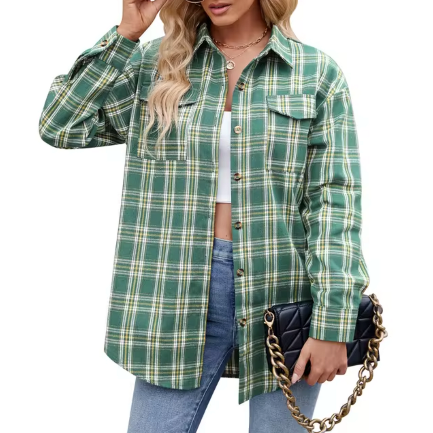 Damen Langarmshirt mit Karomuster und Knopfverschluss