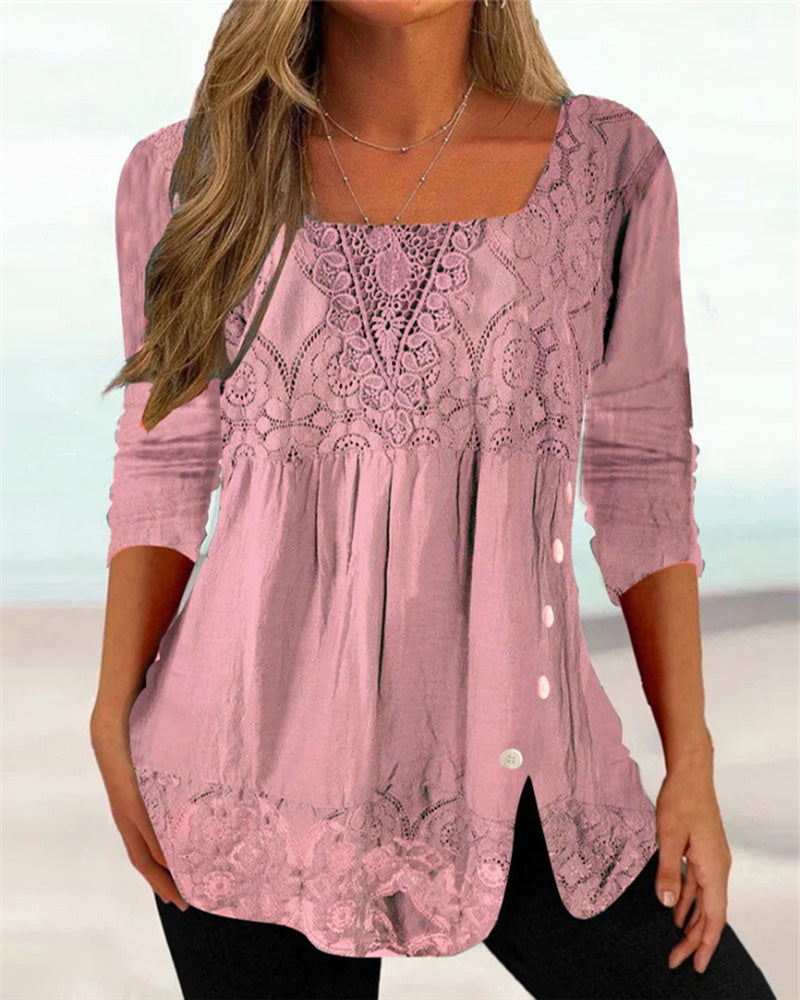 Damen Sommerbluse mit langen Ärmeln und eckigem Ausschnitt