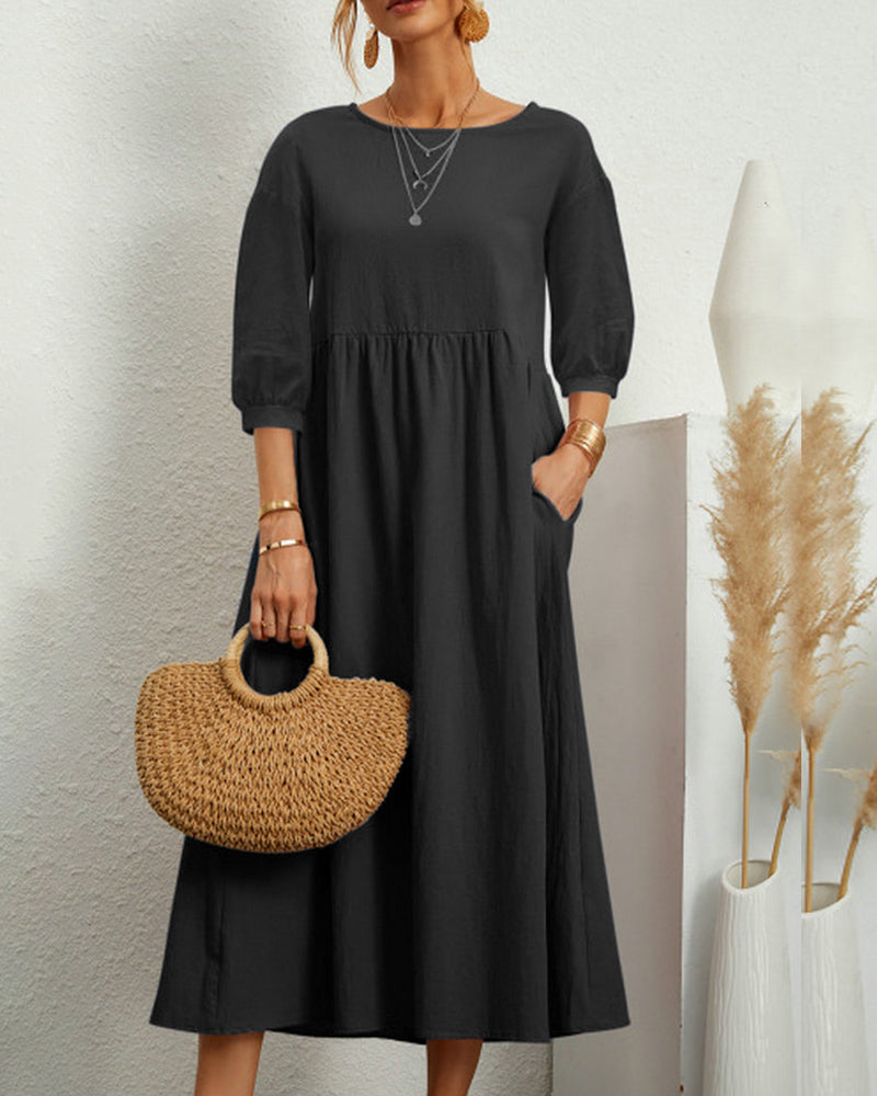 Damen Sommer Midikleid mit Rundhalsausschnitt und Taschen
