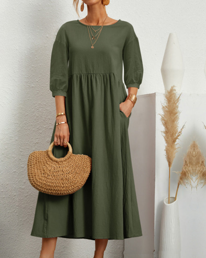 Damen Sommer Midikleid mit Rundhalsausschnitt und Taschen