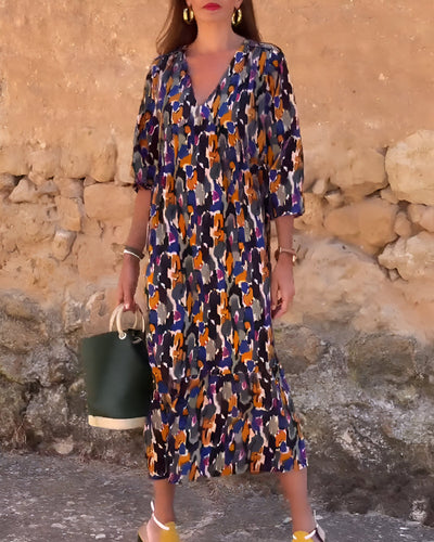 Damen-Sommerkleid mit V-Ausschnitt und Abstraktem Muster