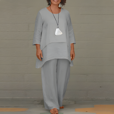 Damen Leinen-Set mit Rundhalstop und passender Hose