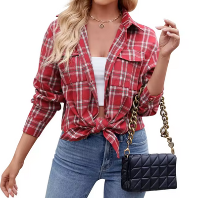Damen Langarmshirt mit Karomuster und Knopfverschluss